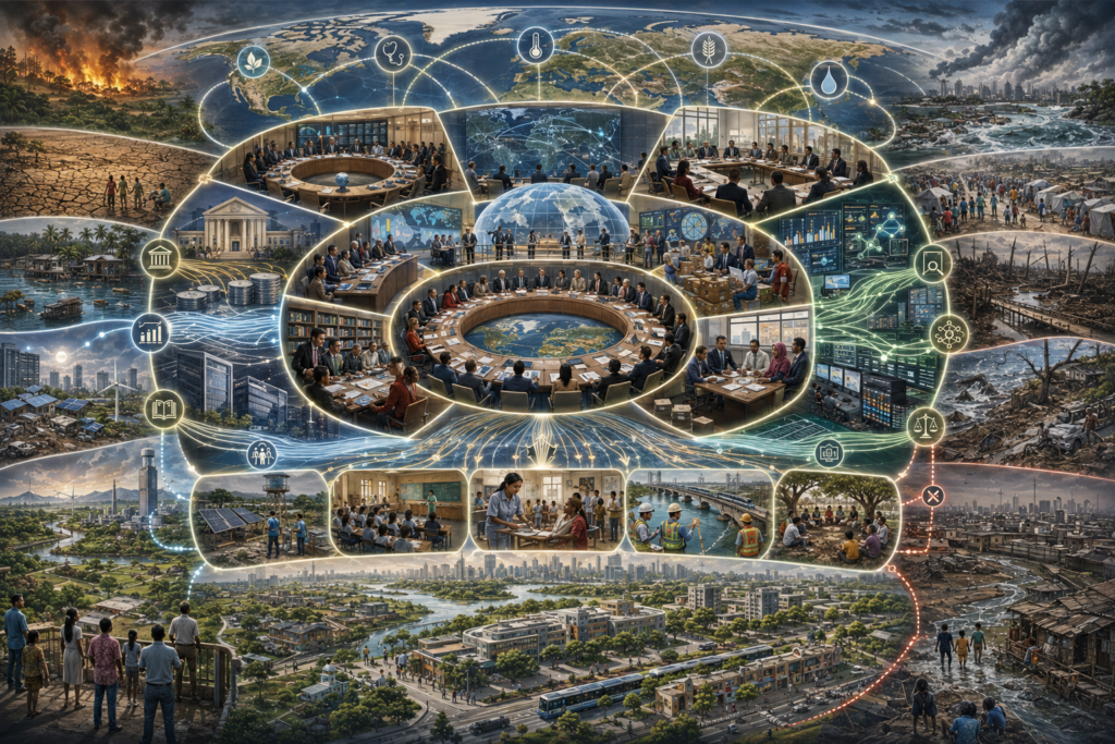 Abstract sustainability illustration of international organizations and global development governance, showing multilateral cooperation, development finance, standards, knowledge systems, sovereignty, interdependence, legitimacy, inequality, resilience, and sustainable development.