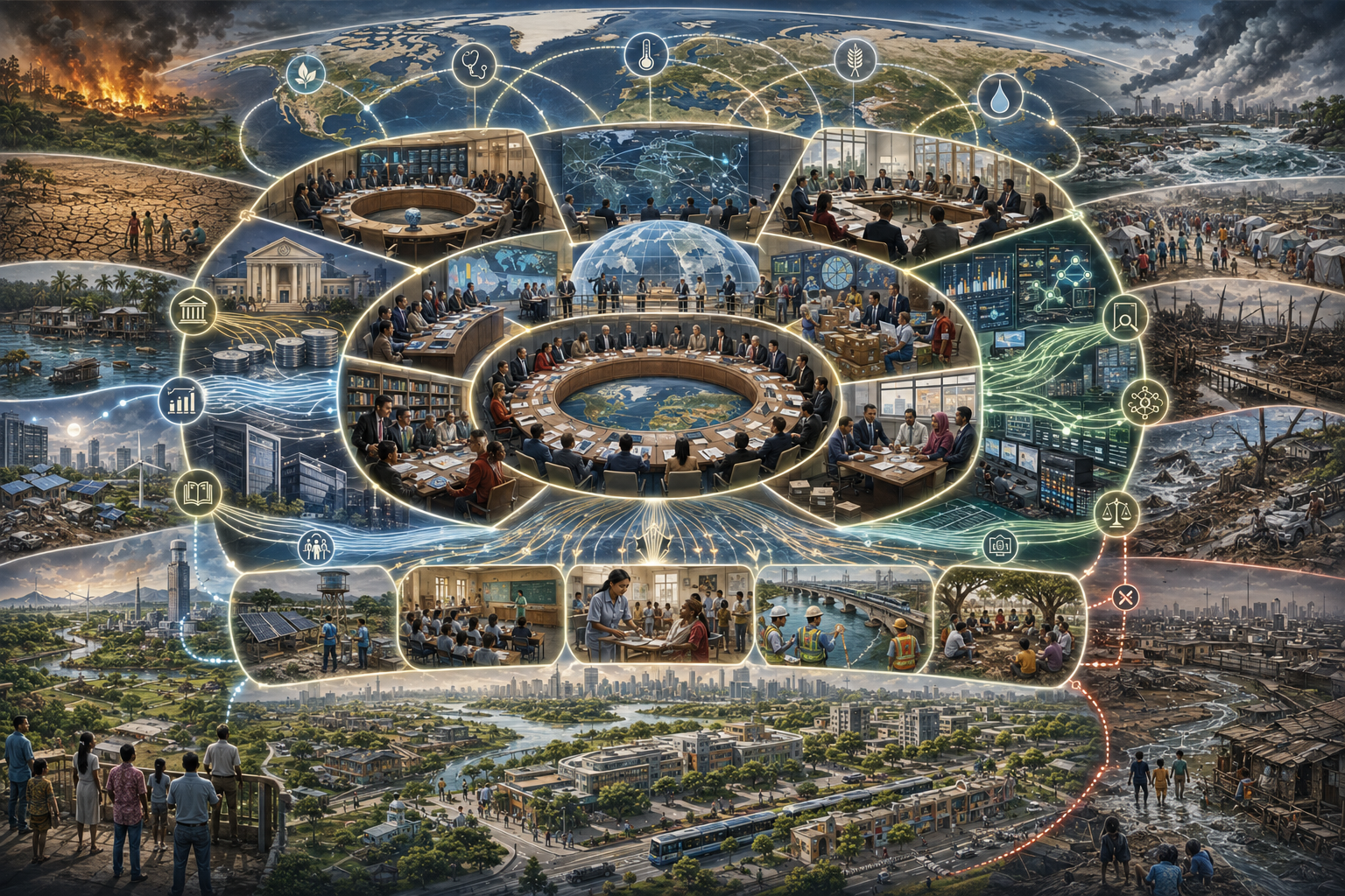 Abstract sustainability illustration of international organizations and global development governance, showing multilateral cooperation, development finance, standards, knowledge systems, sovereignty, interdependence, legitimacy, inequality, resilience, and sustainable development.