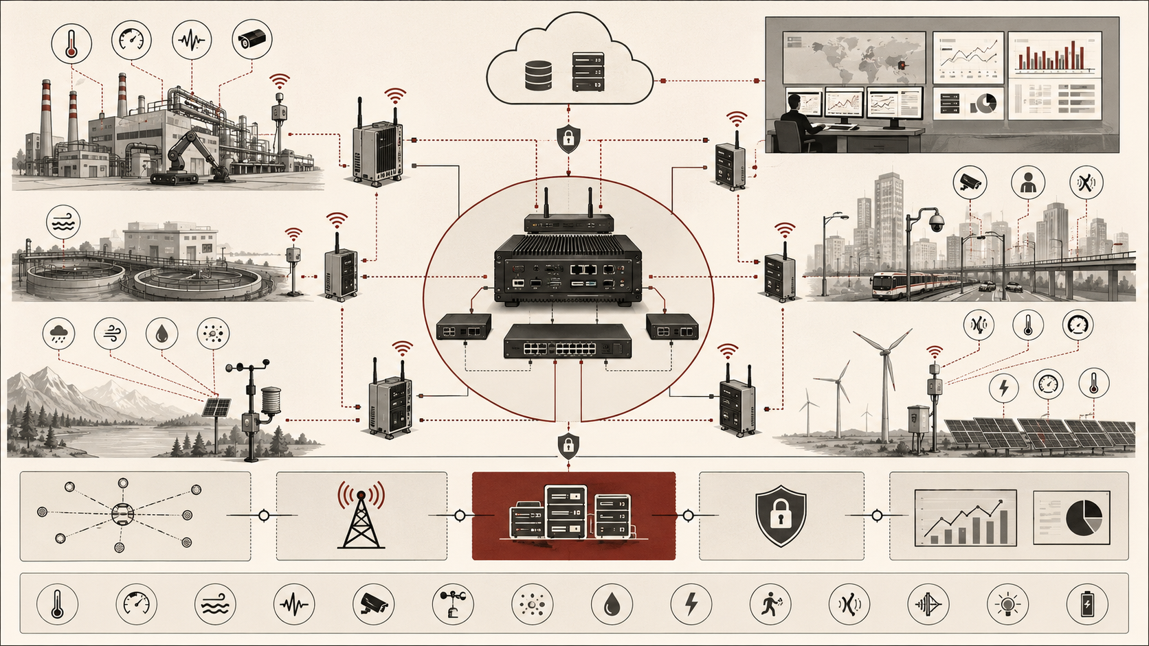 Institutional systems-research illustration of Internet of Things sensor architecture connecting industrial, environmental, urban, energy, and infrastructure sensors through gateways, cloud systems, and monitoring layers.