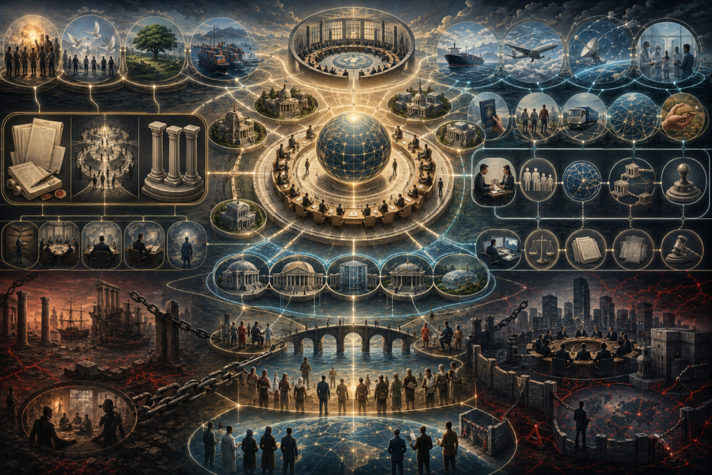 Abstract legal-studies illustration of international law as a global legal architecture, showing states, treaties, custom, general principles, institutions, courts, human rights, diplomacy, maritime routes, environmental cooperation, and selective enforcement.