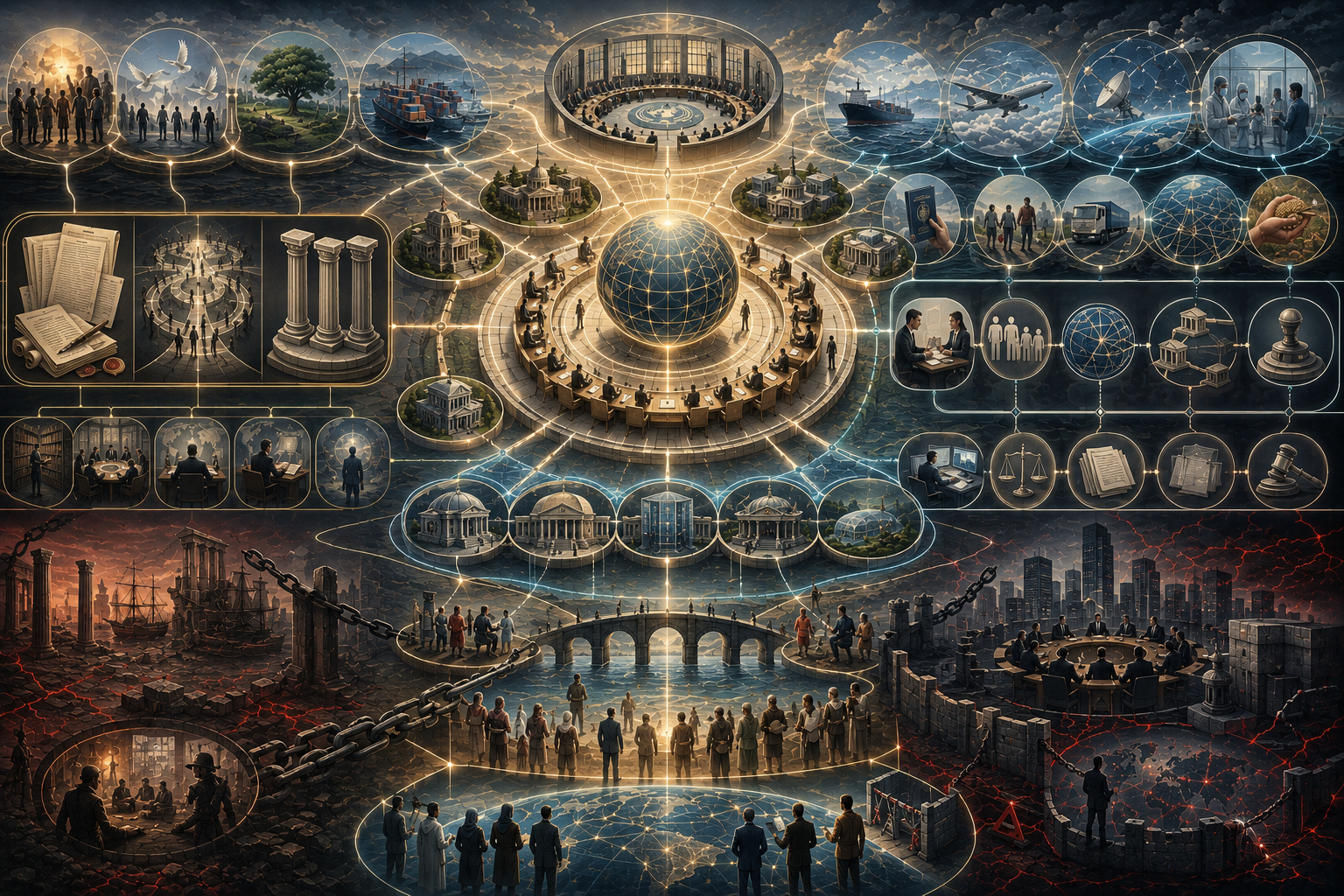 Abstract legal-studies illustration of international law as a global legal architecture, showing states, treaties, custom, general principles, institutions, courts, human rights, diplomacy, maritime routes, environmental cooperation, and selective enforcement.