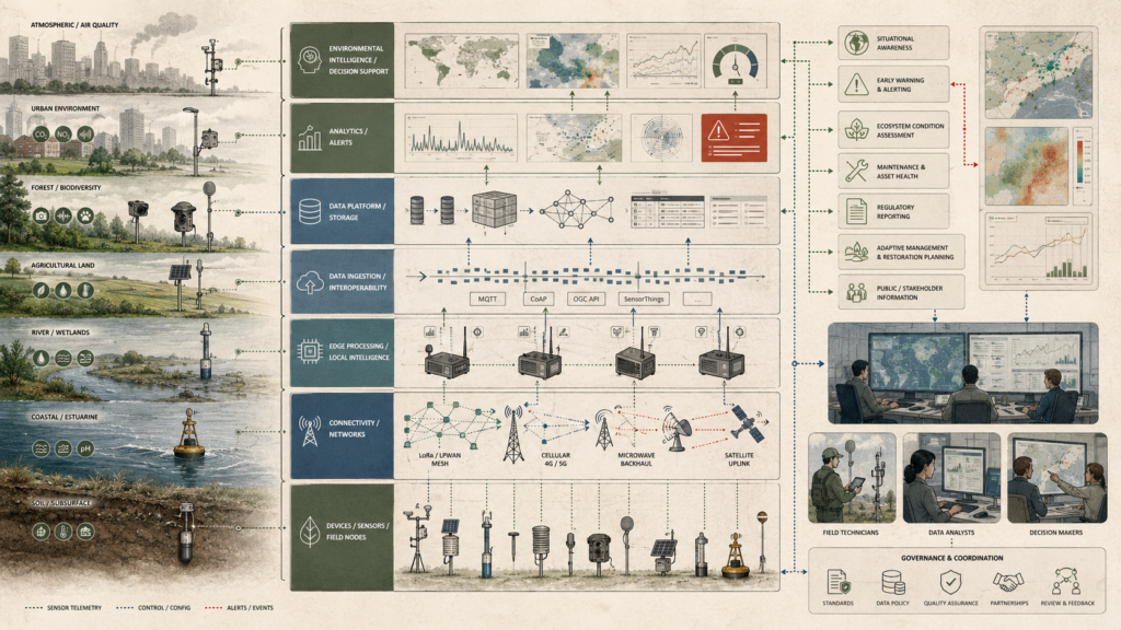 Layered environmental IoT architecture diagram showing sensors, field nodes, connectivity networks, edge processing, data platforms, analytics, alerts, and environmental decision support.
