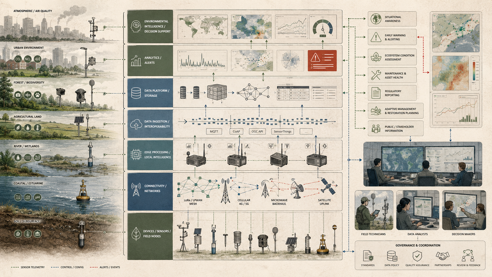 Layered environmental IoT architecture diagram showing sensors, field nodes, connectivity networks, edge processing, data platforms, analytics, alerts, and environmental decision support.
