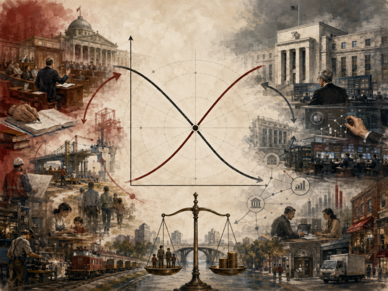 Painterly illustration of the IS–LM model, showing intersecting macroeconomic curves, fiscal policy, monetary policy, public institutions, central banking, infrastructure, labor, households, firms, and economic equilibrium.
