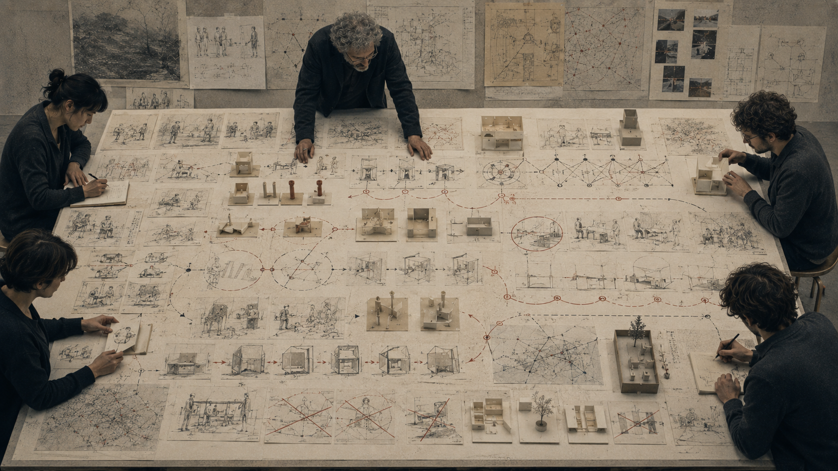 Editorial illustration of a design studio table covered with prototype variations, sketches, feedback loops, crossed-out concepts, diagrams, and paper models.