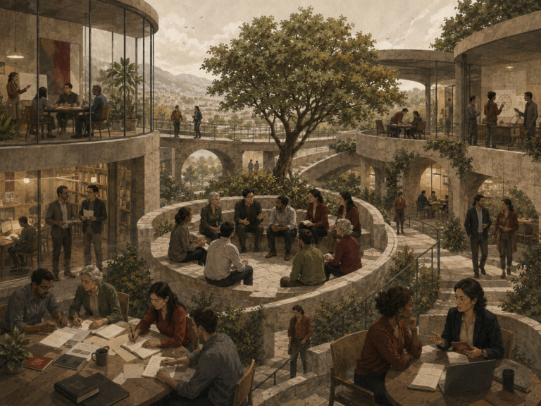 Restrained institutional illustration of employees collaborating across a warm organizational courtyard with meeting spaces, libraries, shared tables, bridges, and a central tree.