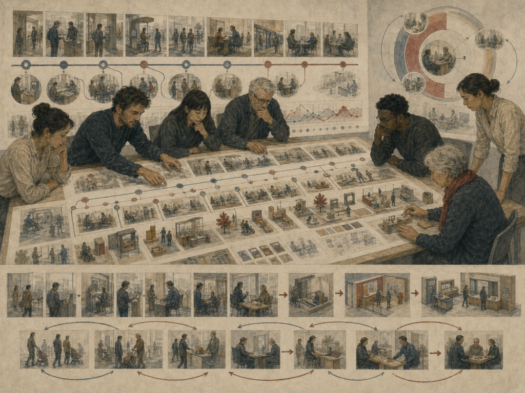 Designers and researchers study user journey scenes, experience sequences, touchpoints, prototype environments, and feedback loops on a large planning table.