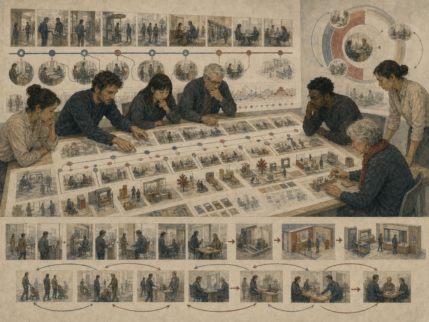 Designers and researchers study user journey scenes, experience sequences, touchpoints, prototype environments, and feedback loops on a large planning table.