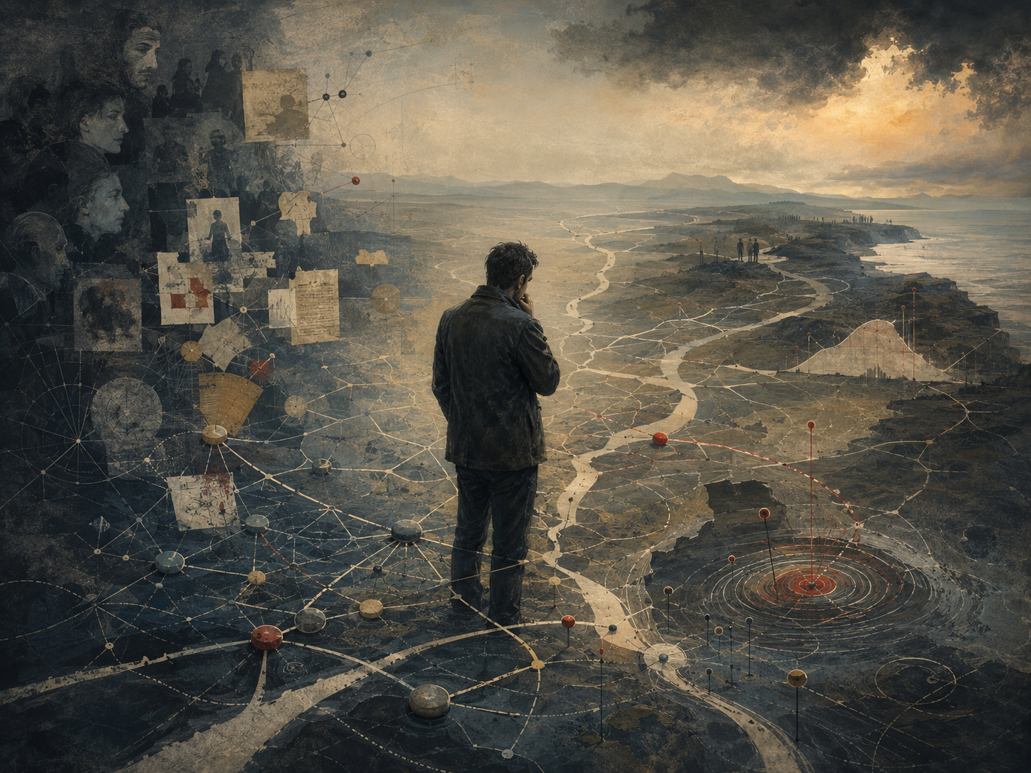Painterly editorial illustration of a reflective figure facing uncertain terrain, branching pathways, probability networks, evidence fragments, social silhouettes, and risk markers under shifting light.