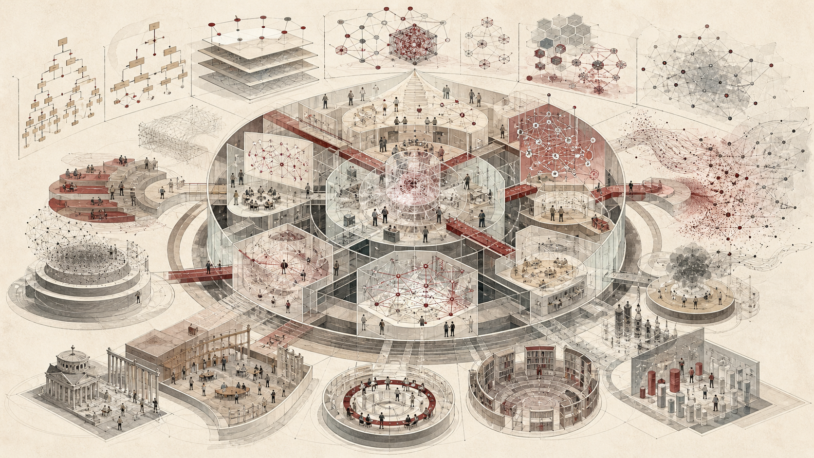 Editorial scientific illustration of knowledge architecture as an intellectual infrastructure system, showing taxonomies, hierarchies, ontologies, semantic networks, knowledge graphs, metadata layers, research pathways, digital libraries, AI-assisted organization, governance structures, and decision-support pathways.