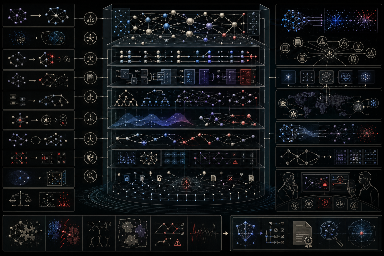 Knowledge representation and artificial reasoning system showing entities, relations, semantic triples, ontology hierarchies, logic rules, inference pathways, uncertainty modeling, knowledge graphs, hybrid neural-symbolic links, explanation trails, human oversight, and audit controls.