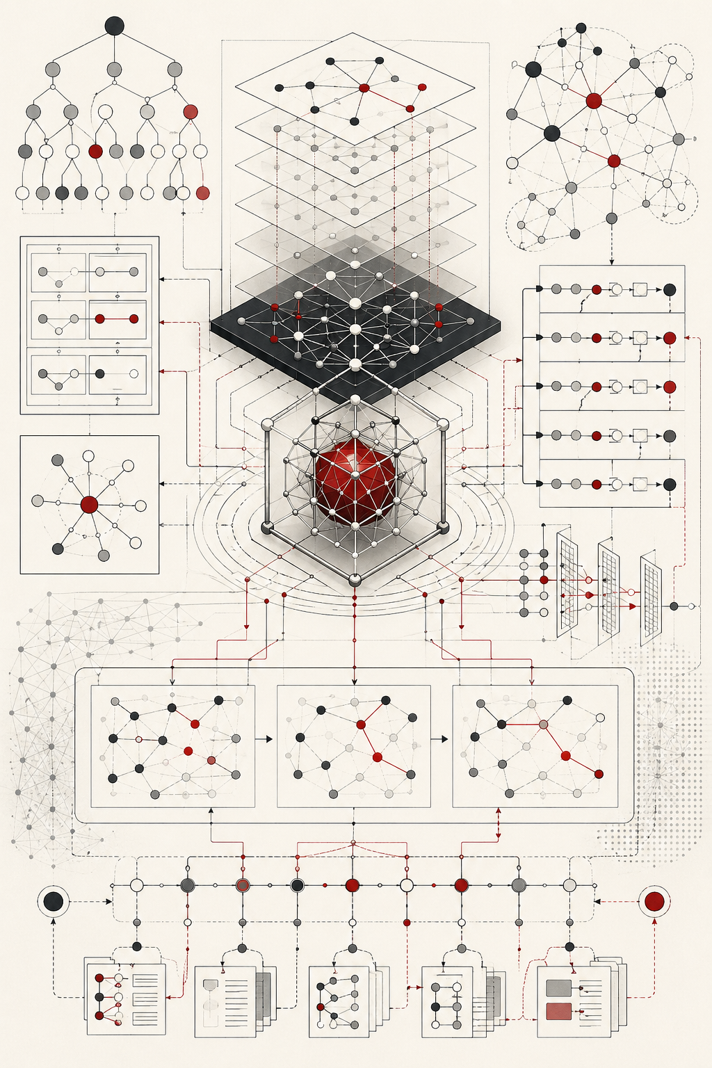 Abstract editorial illustration of symbolic AI showing knowledge graphs, ontology hierarchies, rule pathways, inference traces, constraint layers, and structured reasoning architecture.