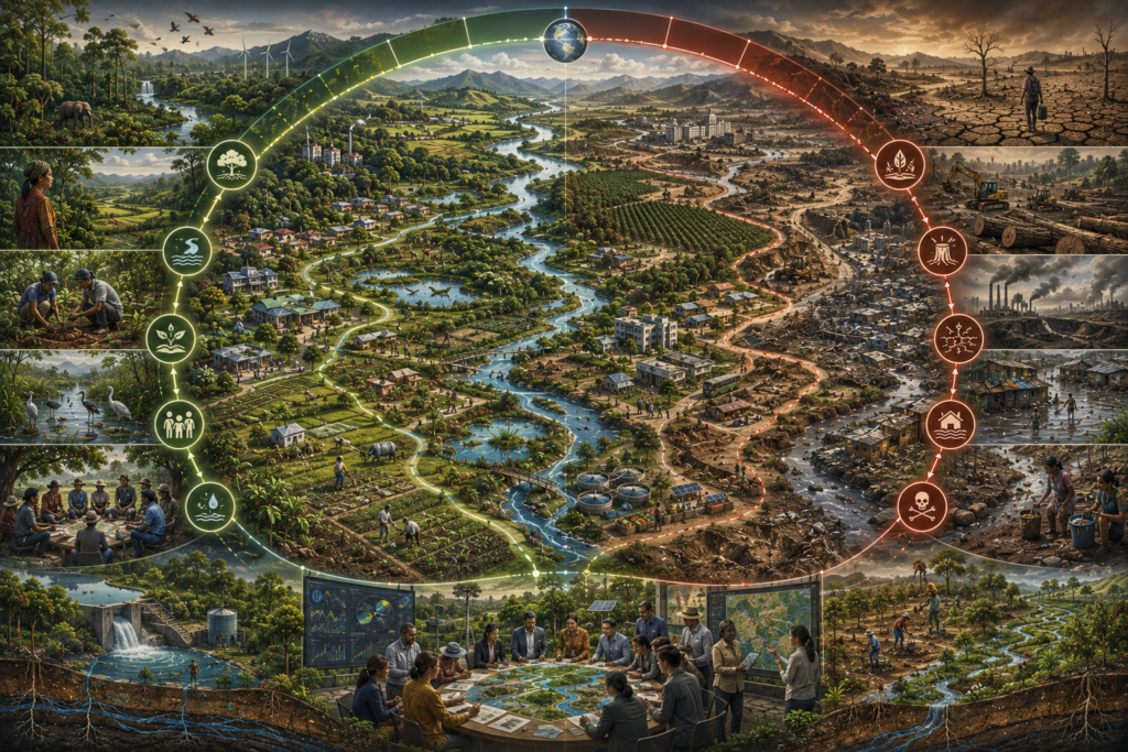 Abstract sustainability illustration of land-system change and development pathways, showing forests, agriculture, settlements, infrastructure, land degradation, biodiversity, soil function, restoration, planetary boundaries, justice, and long-run resilience.