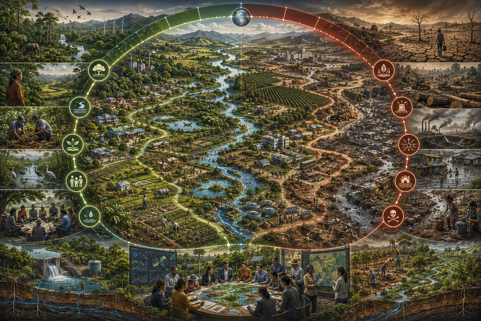 Abstract sustainability illustration of land-system change and development pathways, showing forests, agriculture, settlements, infrastructure, land degradation, biodiversity, soil function, restoration, planetary boundaries, justice, and long-run resilience.
