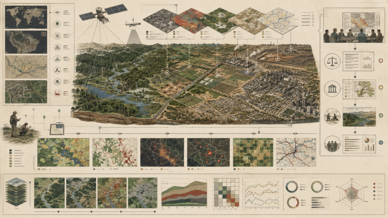 Land use monitoring diagram showing satellite observation, landscape mosaics, land-cover classification, change detection, field validation, reporting, and accountability pathways.