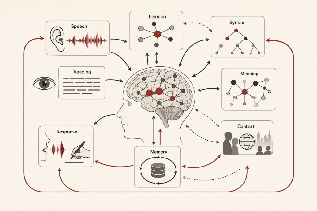 Minimal institutional research illustration showing language processing through speech, reading, lexicon, syntax, meaning, context, memory, and response around a central brain network.