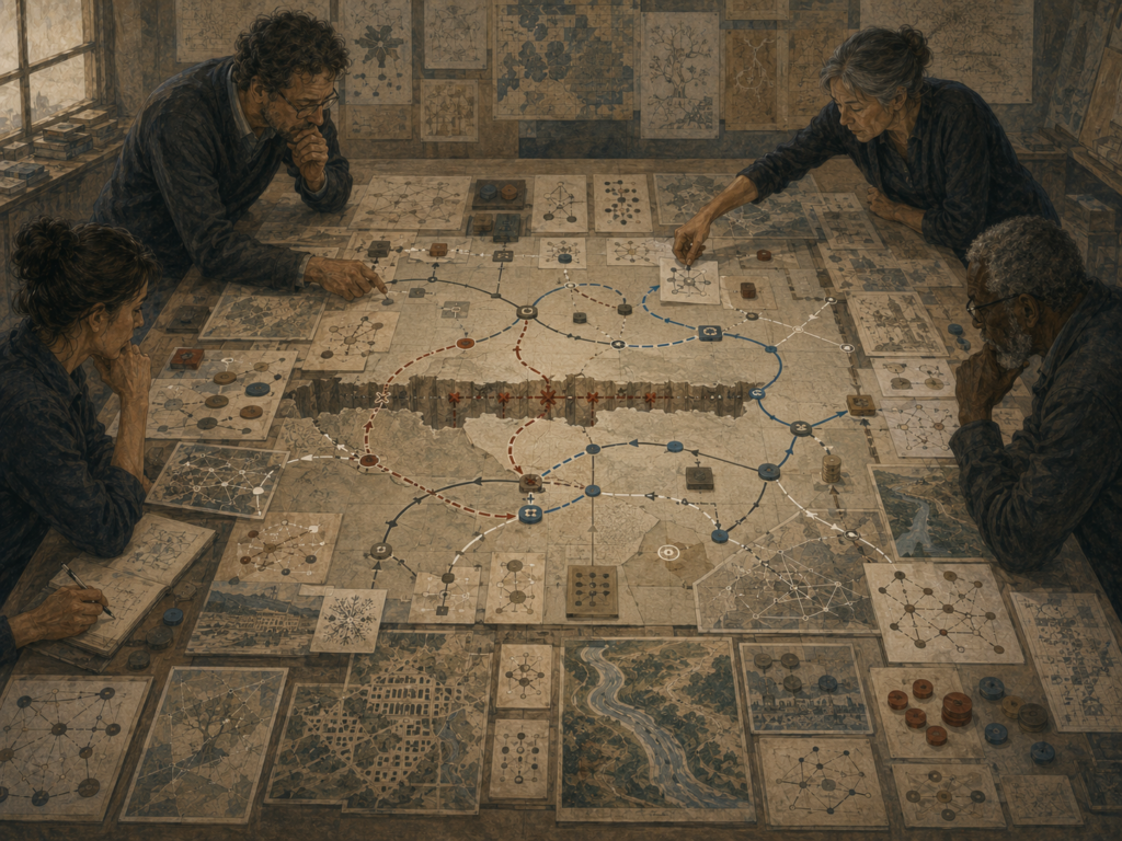 Strategists study maps, unconventional pathways, network diagrams, and planning materials on a large table, showing lateral thinking as indirect strategic problem solving.