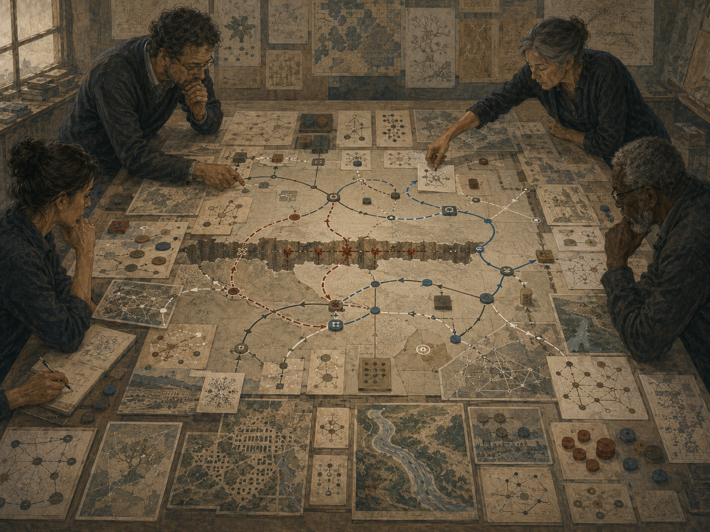 Strategists study maps, unconventional pathways, network diagrams, and planning materials on a large table, showing lateral thinking as indirect strategic problem solving.