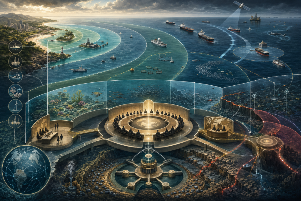 Abstract legal-studies illustration of the law of the sea under UNCLOS, showing maritime zones, coastal jurisdiction, high seas, navigation rights, seabed resources, marine protection, dispute settlement, and ocean governance.