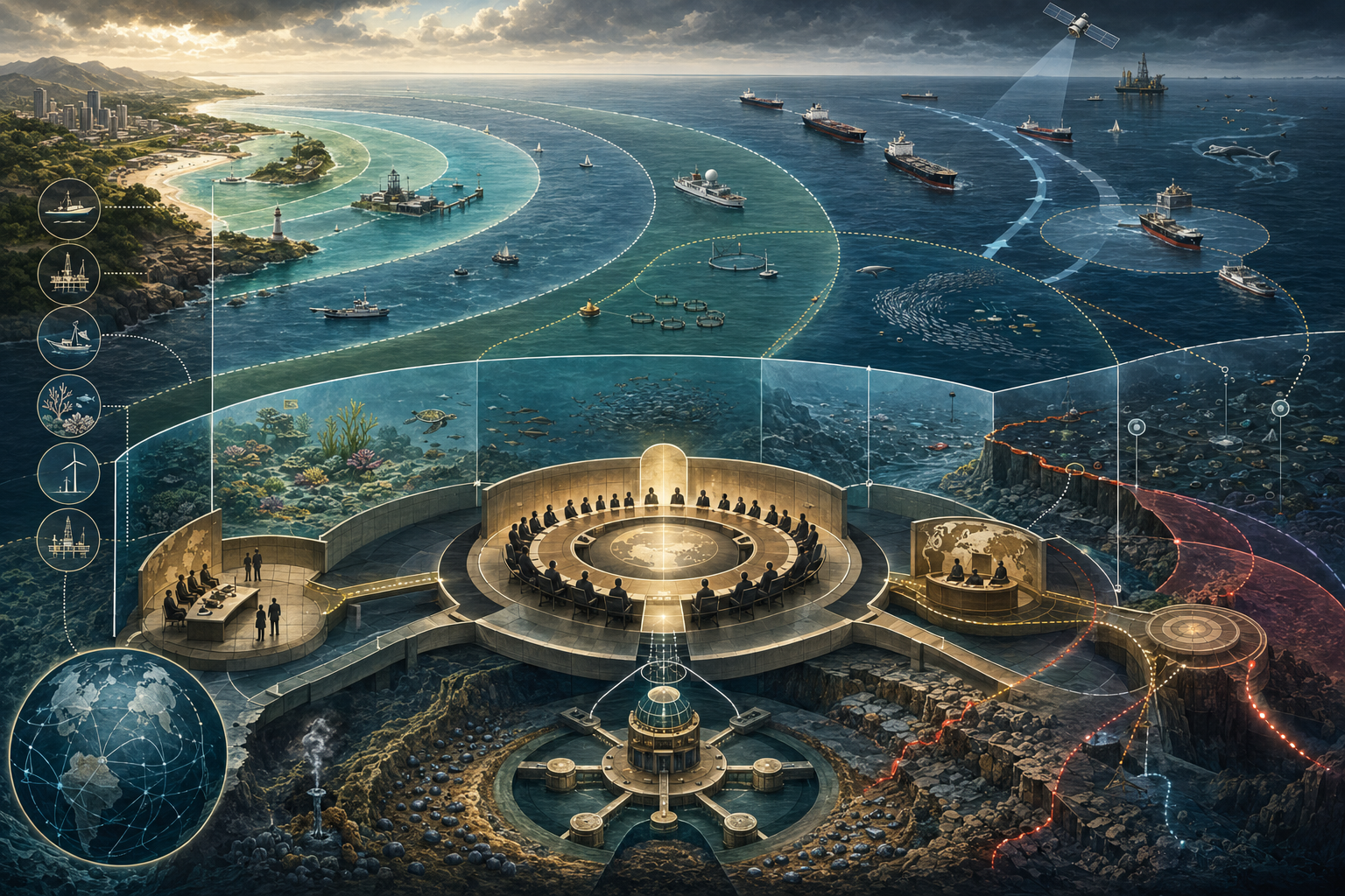 Abstract legal-studies illustration of the law of the sea under UNCLOS, showing maritime zones, coastal jurisdiction, high seas, navigation rights, seabed resources, marine protection, dispute settlement, and ocean governance.