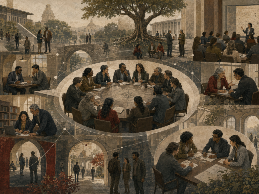 Restrained institutional illustration of leaders and teams deliberating across layered civic spaces, meeting rooms, bridges, archives, and shared organizational pathways.