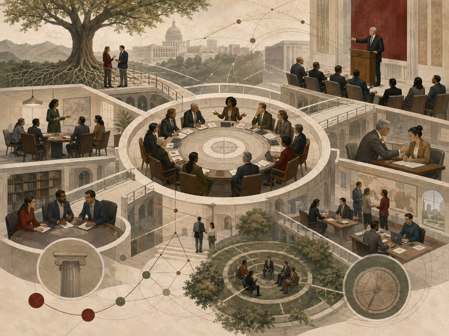 Restrained institutional illustration of leaders and teams working across council rooms, advisory spaces, civic architecture, bridges, rooted trees, and network pathways.