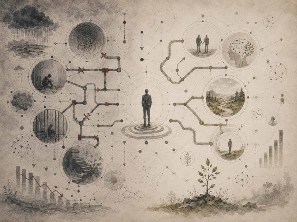 Restrained academic illustration of a central figure between blocked pathways, storm imagery, enclosed spaces, tangled networks, and emerging routes of agency and regrowth.
