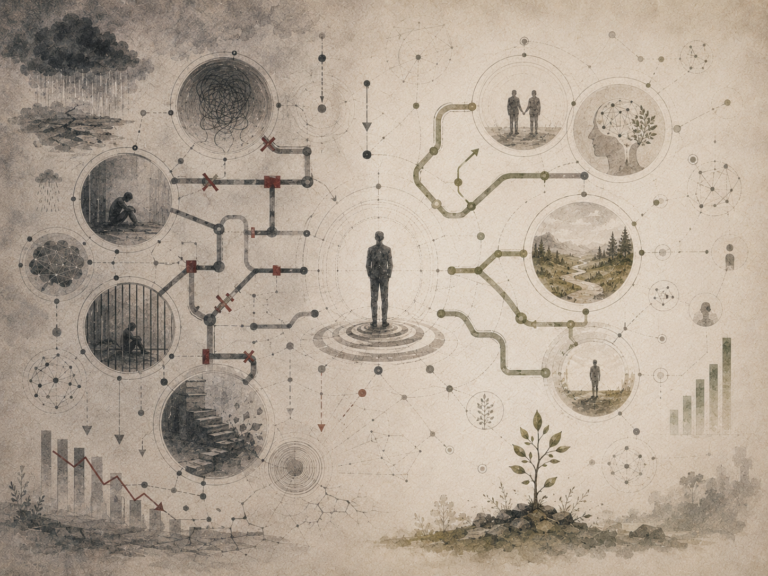 Restrained academic illustration of a central figure between blocked pathways, storm imagery, enclosed spaces, tangled networks, and emerging routes of agency and regrowth.