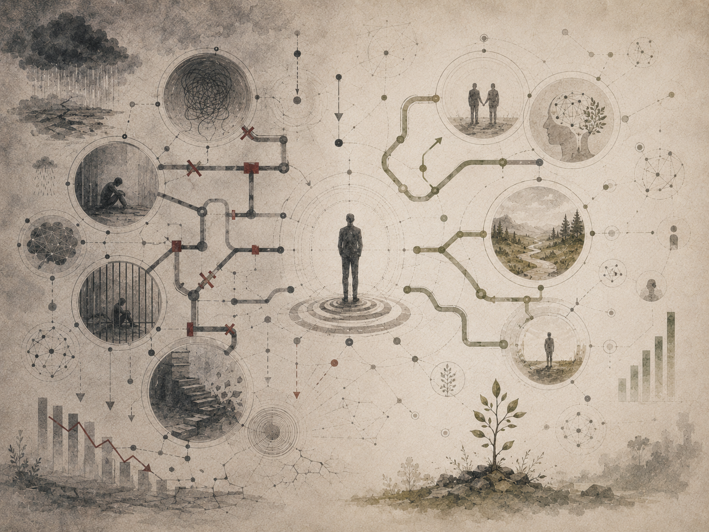 Restrained academic illustration of a central figure between blocked pathways, storm imagery, enclosed spaces, tangled networks, and emerging routes of agency and regrowth.