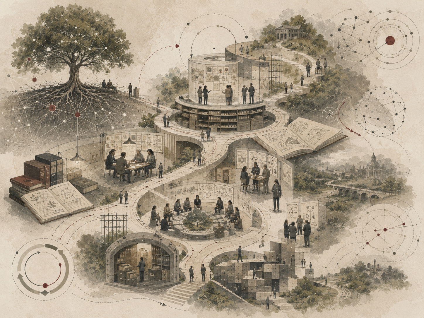 Restrained institutional illustration of knowledge systems, learning circles, archival records, feedback loops, rooted networks, and collaborative spaces representing organizational learning.