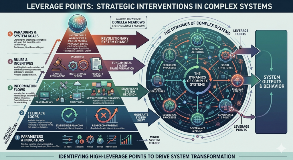 Diagram illustrating leverage points in complex systems, highlighting feedback loops, information flows, rules and incentives, and paradigm shifts that influence system behavior.