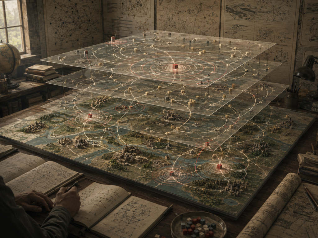 Layered systems model on a research table with mapped landscapes, network pathways, feedback loops, translucent planes, and highlighted intervention points radiating through the system.