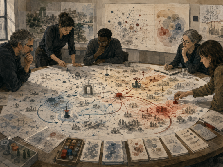 Analysts study a complex systems map with highlighted intervention points, feedback loops, pathways, and ripple effects across civic, ecological, and infrastructure networks.