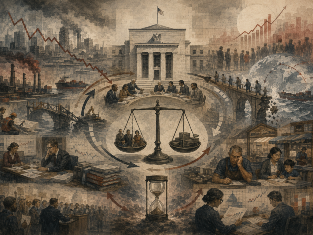 Painterly illustration of stabilization policy constraints, showing central banks, fiscal decision-making, economic shocks, strained households, supply chains, public debt, inflation pressures, and policy tradeoffs.
