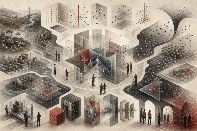 Editorial scientific illustration of linear algebra for systems modeling as a structural-systems architecture, showing vector pathways, matrix grids, coordinate spaces, transformation surfaces, eigenstructure axes, network adjacency structures, graph flows, decomposition layers, dimensionality-reduction funnels, infrastructure networks, ecological systems, economic input-output structures, machine-learning representation spaces, governance systems, and responsible structural interpretation.