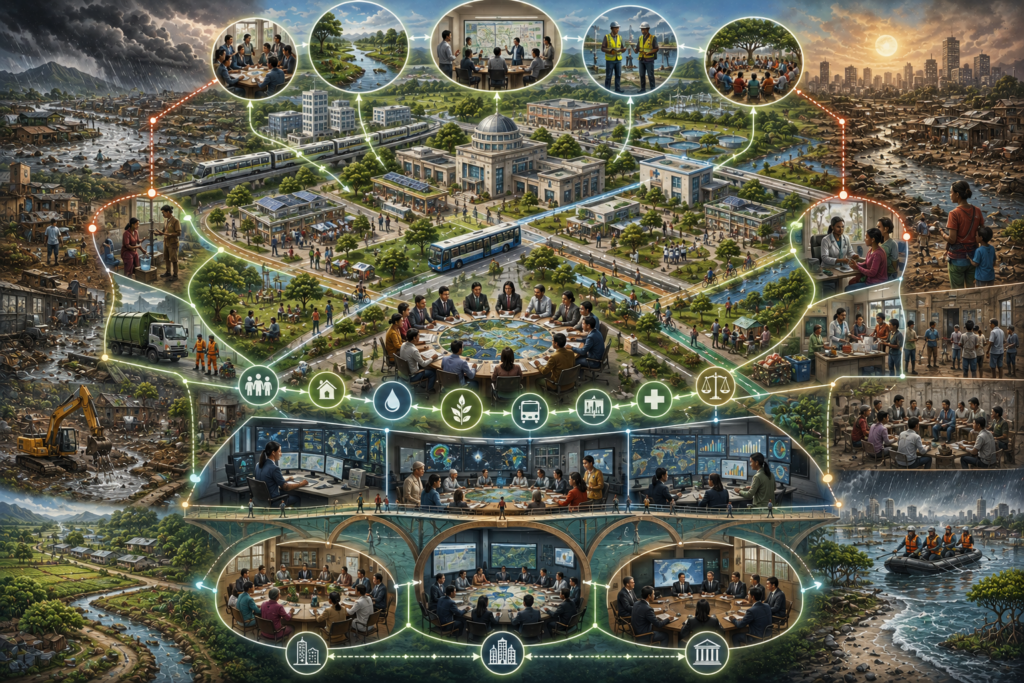 Abstract sustainability illustration of local governance, cities, and territorial development, showing urban systems, spatial justice, housing, basic services, infrastructure, mobility, climate resilience, local delivery, multilevel governance, and sustainable development.