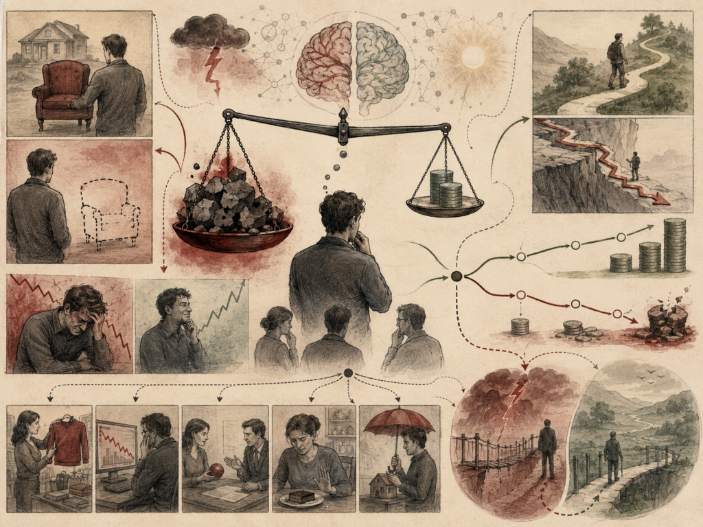 Editorial systems illustration showing loss aversion through unequal emotional responses to losses and gains, risk perception, decision paths, financial choices, fear, regret, and behavioral tradeoffs.