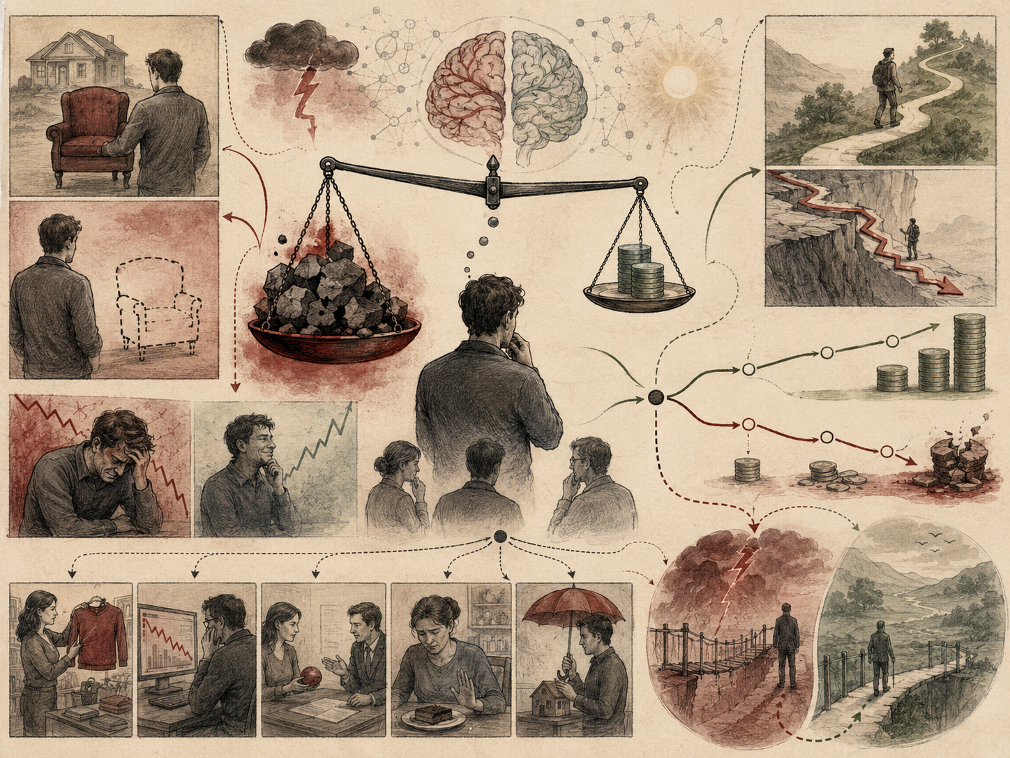 Editorial systems illustration showing loss aversion through unequal emotional responses to losses and gains, risk perception, decision paths, financial choices, fear, regret, and behavioral tradeoffs.