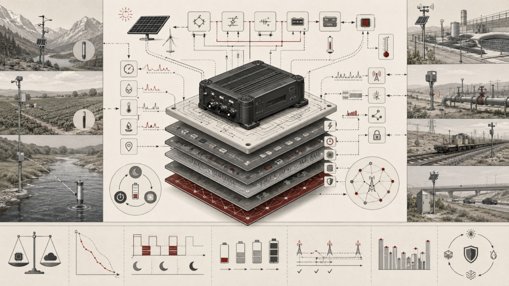 Institutional systems-research illustration of low-power embedded system design, showing a rugged edge device, energy harvesting, battery management, duty cycling, sensor nodes, and constrained field infrastructure.