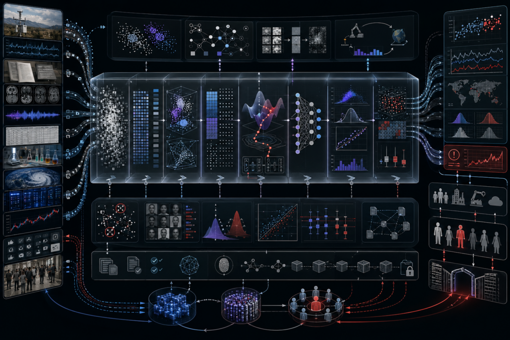 Machine learning foundations system showing data inputs, feature representation, embeddings, model training, loss functions, optimization, inference, evaluation, calibration, monitoring, distribution-shift detection, feedback loops, human oversight, and audit controls.
