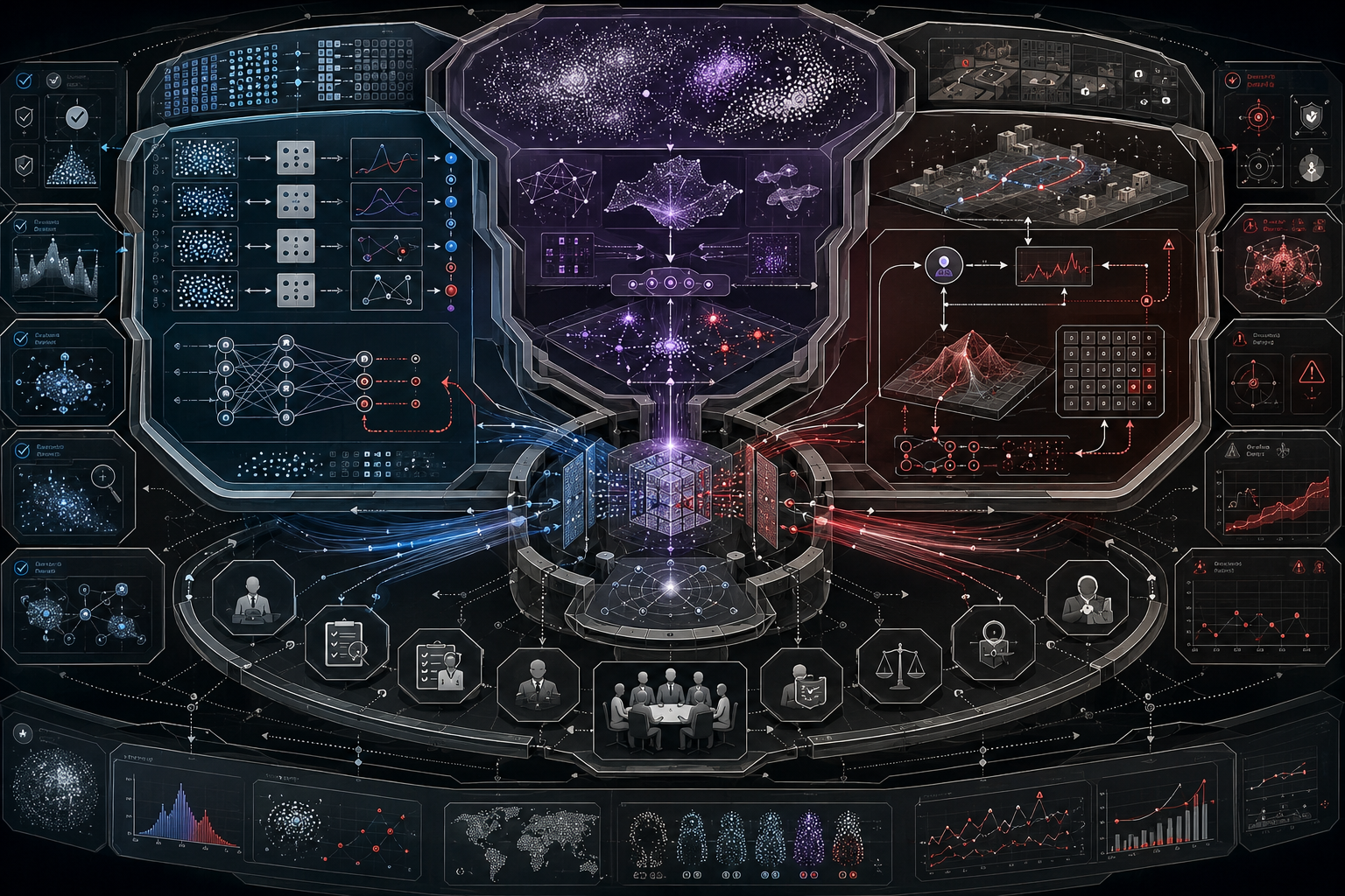Machine learning paradigms system showing supervised learning from labeled examples, unsupervised learning from latent patterns and clusters, reinforcement learning through agent-environment reward loops, hybrid representation learning, evaluation diagnostics, human oversight, and audit controls.