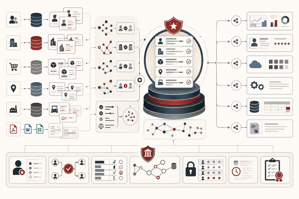 Conceptual data-systems illustration showing customer, organization, product, location, and asset records being matched, resolved, governed, and connected into trusted master data entities.