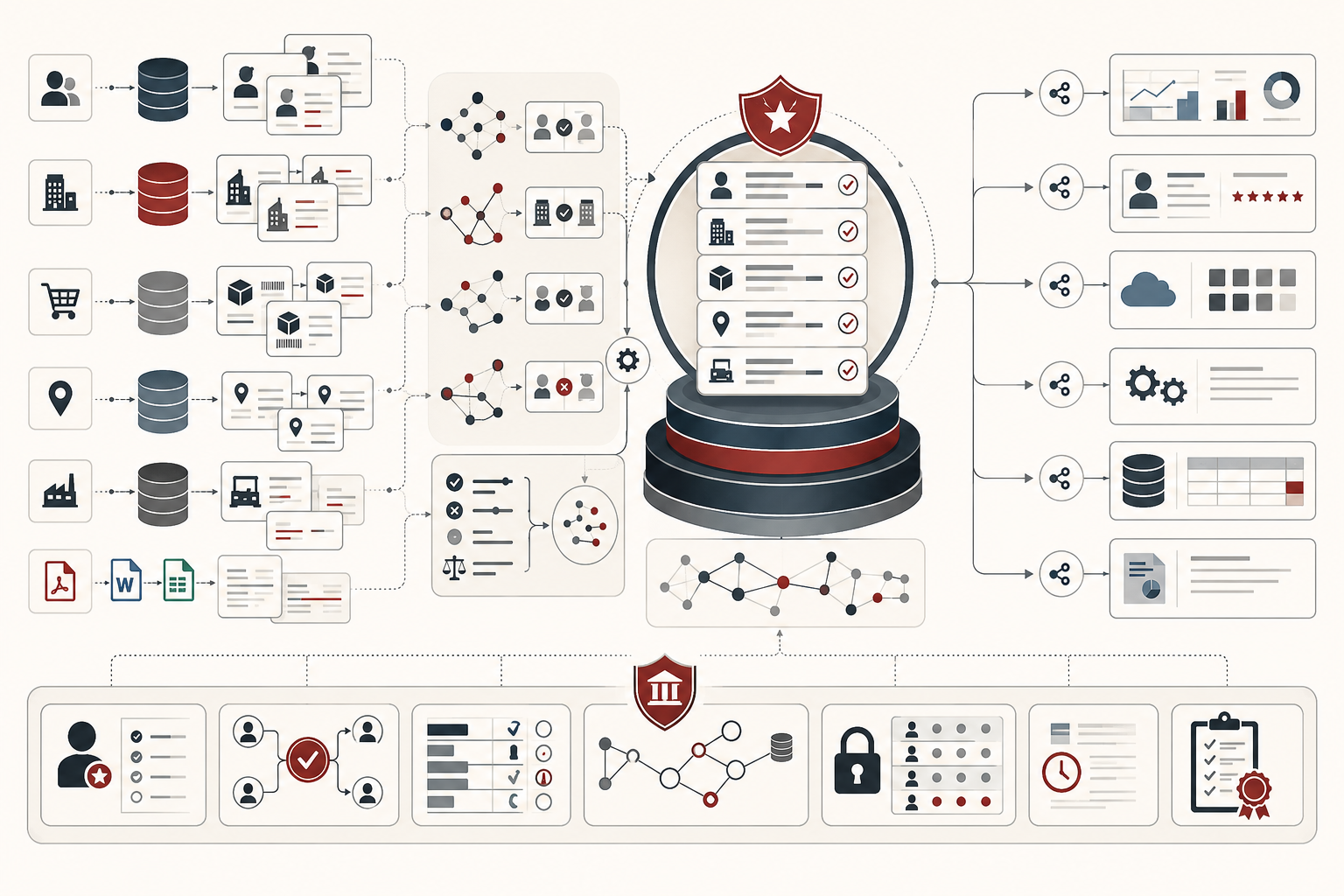 Conceptual data-systems illustration showing customer, organization, product, location, and asset records being matched, resolved, governed, and connected into trusted master data entities.