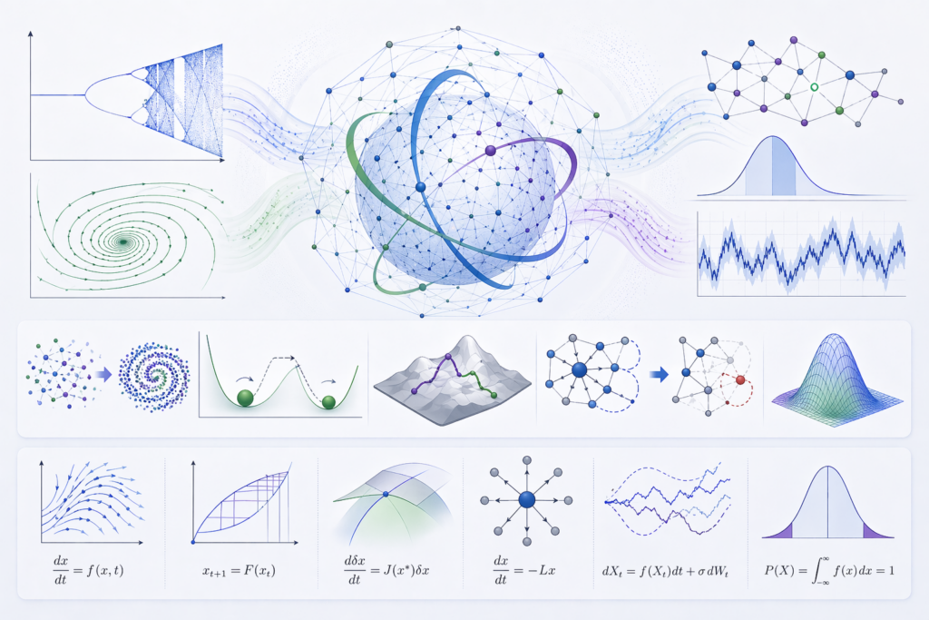 Text-free scientific illustration featuring networked nodes, nonlinear diagrams, phase-space spirals, probability curves, stochastic traces, and mathematical-system visuals arranged in a clean multi-panel composition.