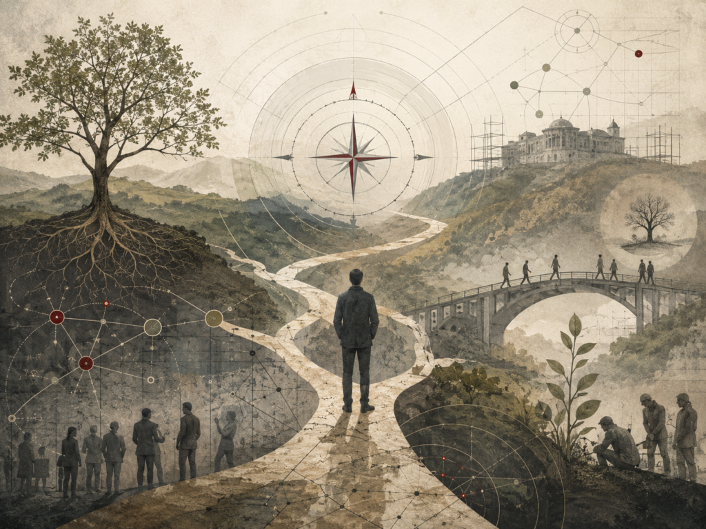 Restrained academic illustration of a solitary figure facing branching paths, a compass diagram, rooted trees, bridges, social networks, and civic structures representing meaning and purpose.