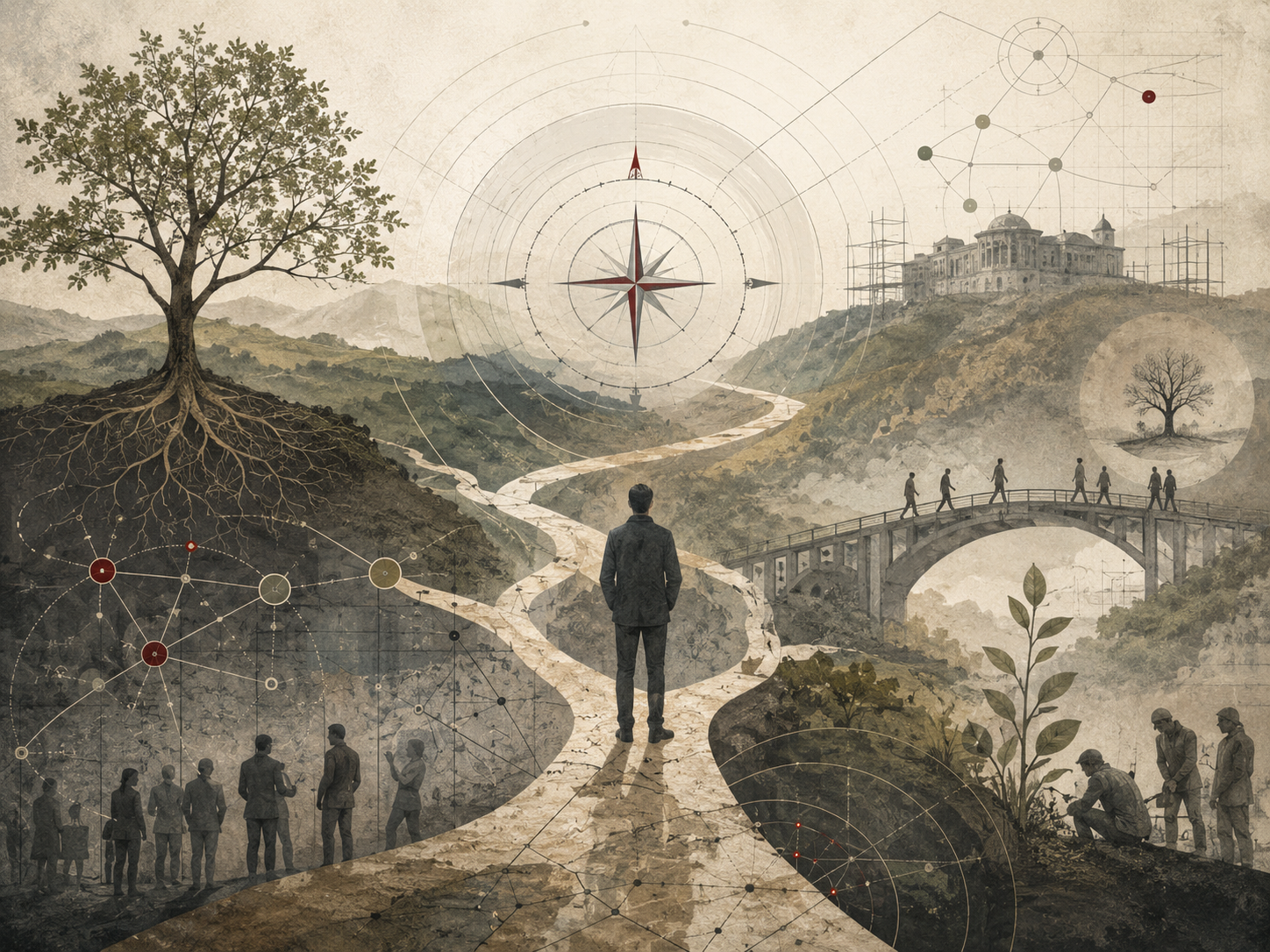 Restrained academic illustration of a solitary figure facing branching paths, a compass diagram, rooted trees, bridges, social networks, and civic structures representing meaning and purpose.