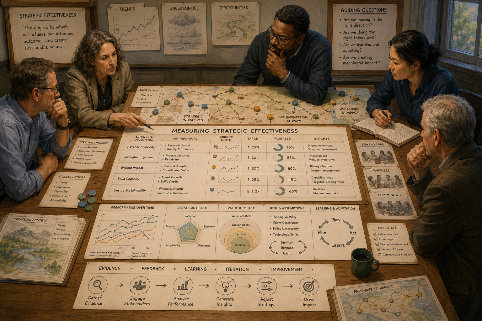 Strategists examine performance indicators, progress charts, outcome pathways, feedback loops, and implementation maps on a large planning table