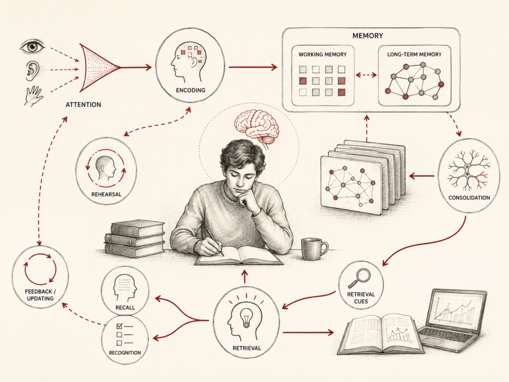 Restrained institutional research illustration showing memory as a cognitive system involving attention, encoding, working memory, long-term memory, consolidation, retrieval cues, recall, recognition, rehearsal, and feedback updating.