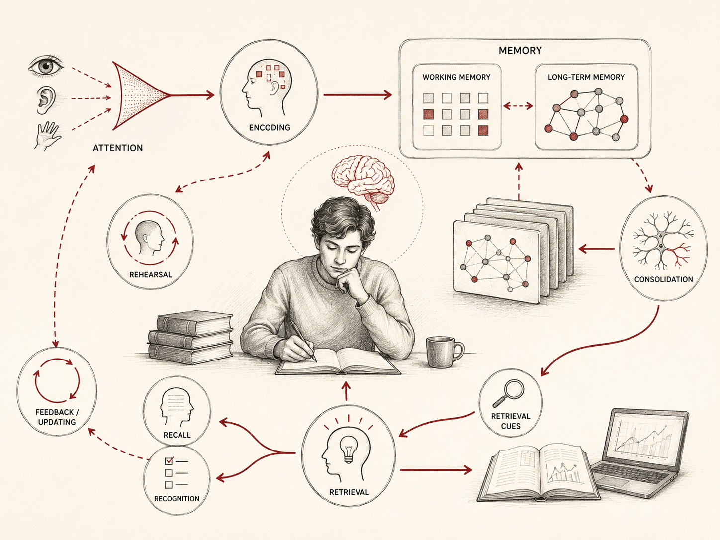 Restrained institutional research illustration showing memory as a cognitive system involving attention, encoding, working memory, long-term memory, consolidation, retrieval cues, recall, recognition, rehearsal, and feedback updating.