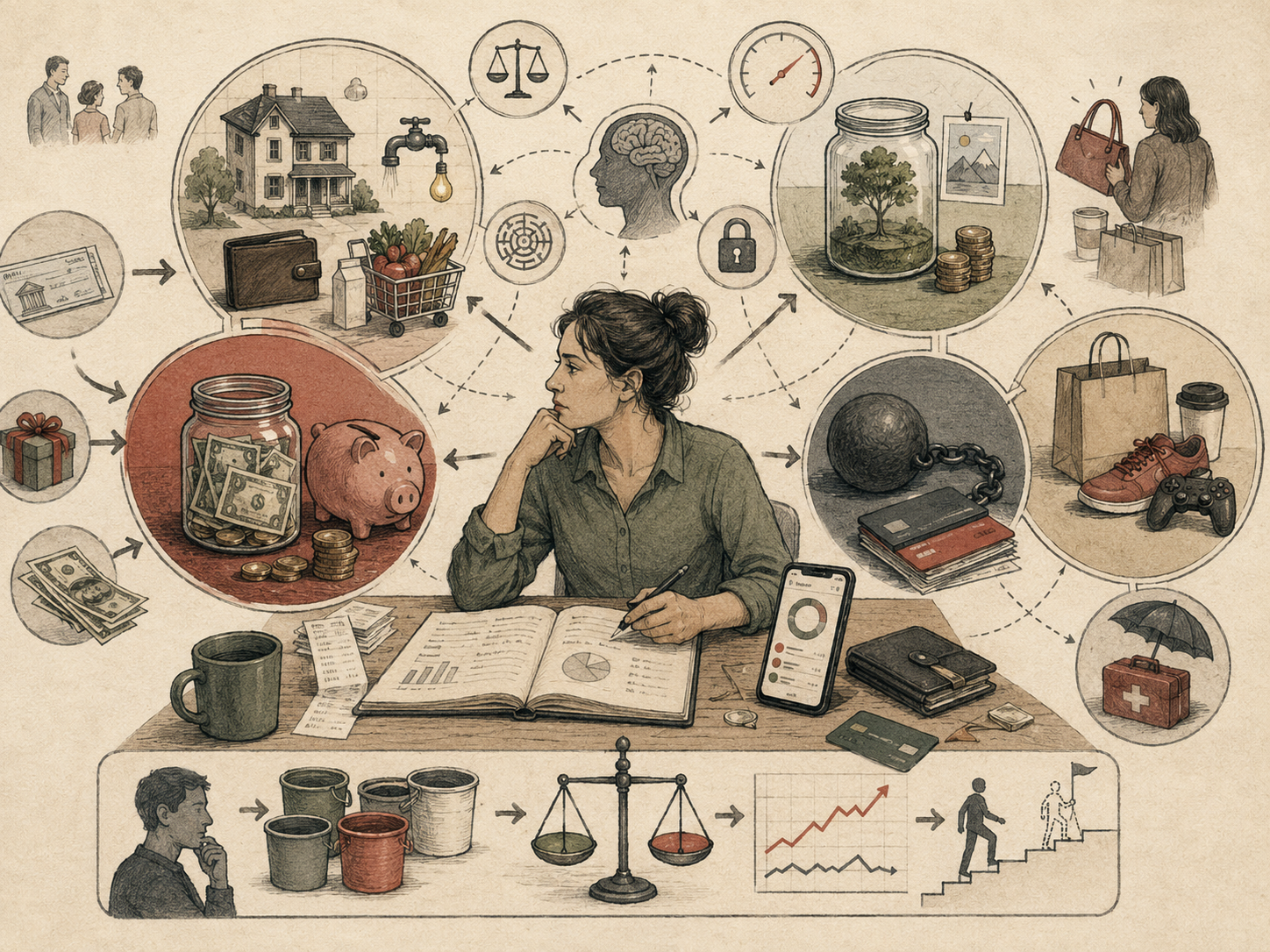 Editorial systems illustration showing mental accounting in personal finance through separate spending categories, savings jars, household budgets, debt, purchases, goals, and financial decision-making.